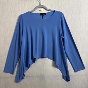 Sun Kim Women's Small Blue Stretch Asymmetrical Long Sleeve Draped Blouse Top
